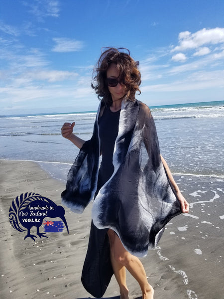 Women's Elegant Black and white nunofelted silk shawl with merino wool, handmade in New Zealand, unique to dress, perfect gift for her