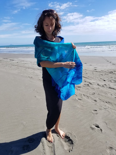 Unique nunofelted silk shawl with merino wool turquoise and blue, natural silk handmade in New Zealand