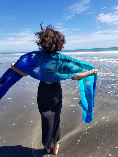 Unique nunofelted silk shawl with merino wool turquoise and blue, natural silk handmade in New Zealand