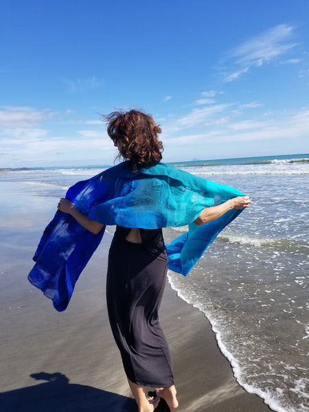 Unique nunofelted silk shawl with merino wool turquoise and blue, natural silk handmade in New Zealand