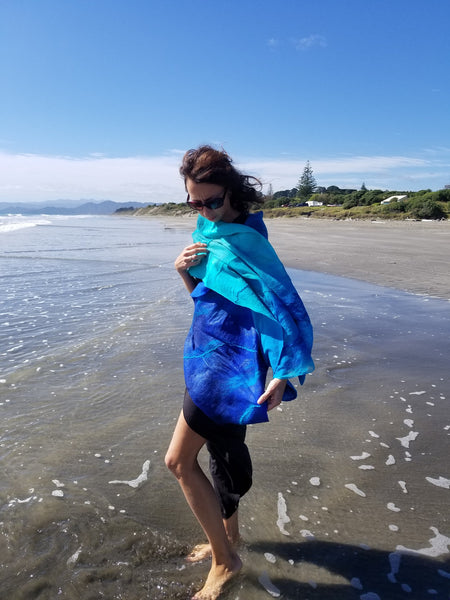 Unique nunofelted silk shawl with merino wool turquoise and blue, natural silk handmade in New Zealand