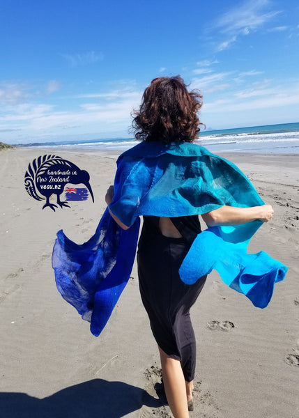 Unique nunofelted silk shawl with merino wool turquoise and blue, natural silk handmade in New Zealand