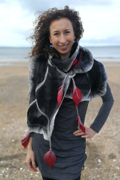 Handmade Silk Scarf - White Calla Lily Merino Wool Wrap | Elegant Floral Shawl
