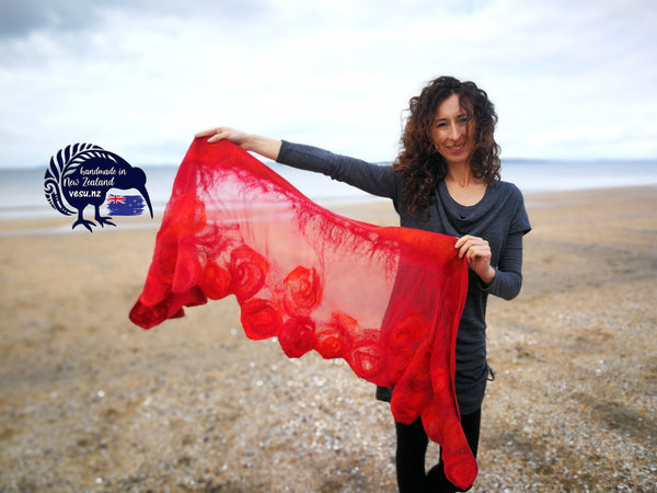 Red flowers shawl, scarf, cape, bolero, nuno felted on natural silk with merino wool, handmade in New Zealand