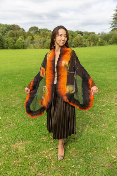 Black, Orange Merino and Silk Shawl, Autumn Handcrafted Wrap