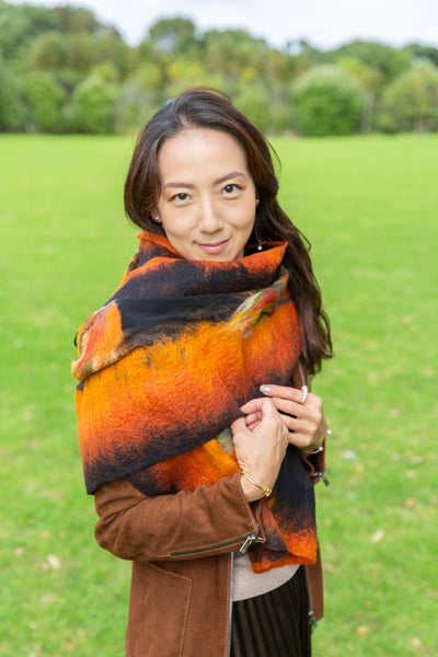 Black, Orange Merino and Silk Shawl, Autumn Handcrafted Wrap