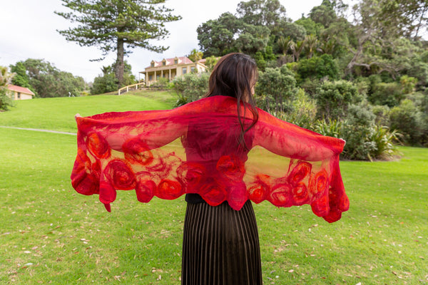 Red flowers shawl, scarf, cape, bolero, nuno felted on natural silk with merino wool, handmade in New Zealand