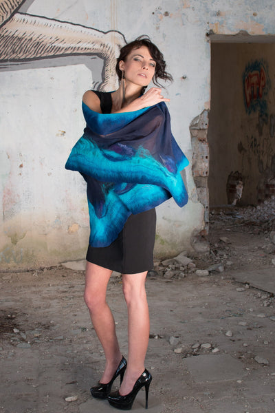 Ocean blue Felted Wrap, Nuno Felted Shawl, Nuno Scarf, Wedding/Bridal Accessories, handmade in New Zealand, wearable art, suits to dress