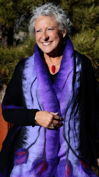 Purple violet and unique nuno felted scarf, elegant shawl to dress or coat. Handmade with Love in New Zealand, versatile cape, gift for her.