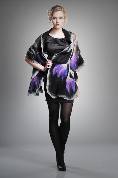 Purple and lilac tulips on shawl. Nuno felting merino & silk scarf fits to dress, evening.