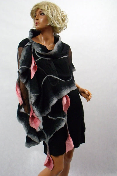 Black Silk and Merino Wool Shawl with Dusty Rose Calla Lilies – Handmade Nuno Felted Wrap