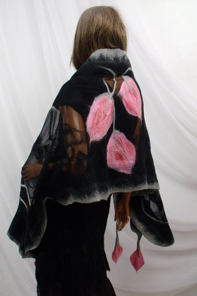 Black Silk and Merino Wool Shawl with Dusty Rose Calla Lilies – Handmade Nuno Felted Wrap