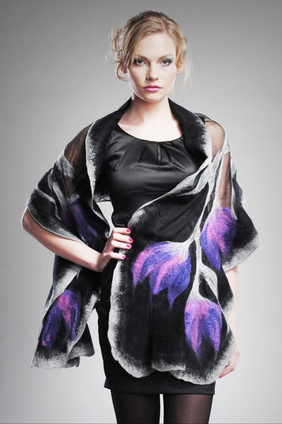 Female model wear on the handmade shawl with purple tulips on black silk base
