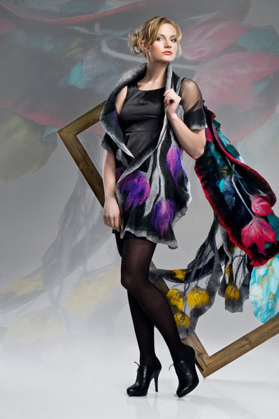 Purple and lilac tulips on shawl. Nuno felting merino & silk scarf fits to dress, evening.