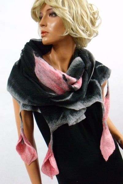 Black Silk and Merino Wool Shawl with Dusty Rose Calla Lilies – Handmade Nuno Felted Wrap