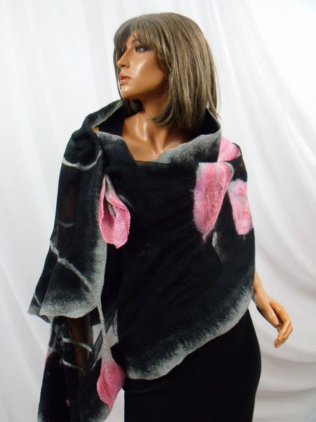 Black Silk and Merino Wool Shawl with Dusty Rose Calla Lilies – Handmade Nuno Felted Wrap