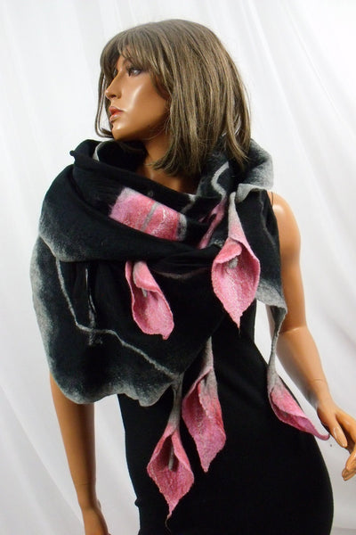 Black Silk and Merino Wool Shawl with Dusty Rose Calla Lilies – Handmade Nuno Felted Wrap