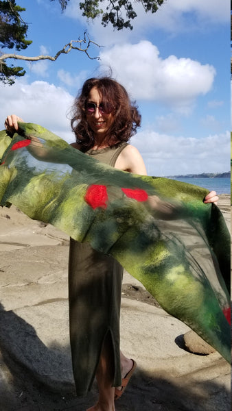 Pōhutukawa – Handmade Nuno Felted Merino Wool & Silk Shawl