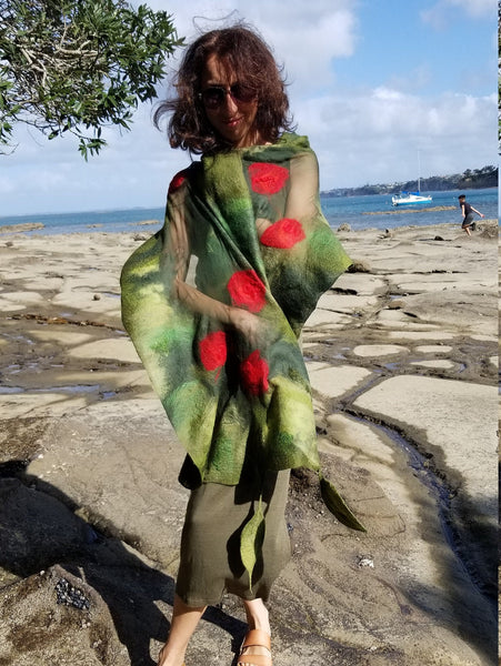 Pōhutukawa – Handmade Nuno Felted Merino Wool & Silk Shawl