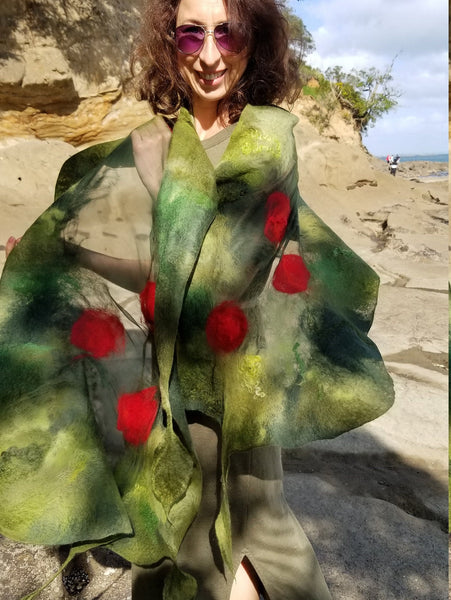 Pōhutukawa – Handmade Nuno Felted Merino Wool & Silk Shawl