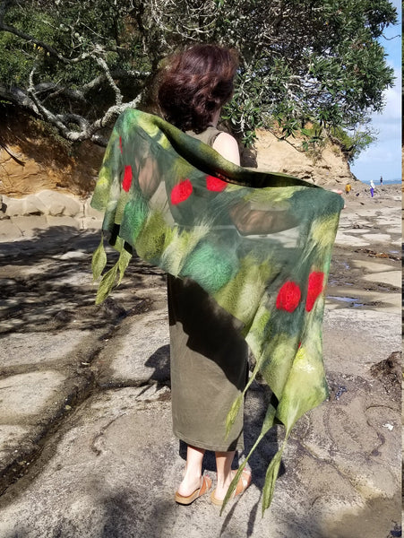 Pōhutukawa – Handmade Nuno Felted Merino Wool & Silk Shawl