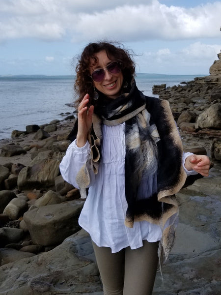 Unique scarf beige, gray and black, decorated with superfine merino wool and silk. Hand Made in New Zealand, Soft, Warm, Light all in one