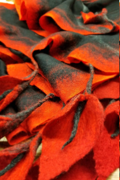 Red hangling flower, nuno felting shawl merino wool and silk.