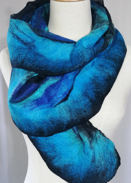 Turqouse and blue merino wrap, nunofelting scarf