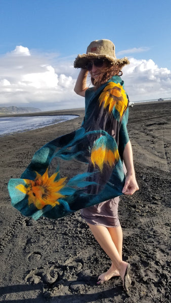Sunflowers Nunofelting shawl The addition to the dress, coat. Fancy silk scarf for any occasion Unique design. Only one copy. Hand made silk