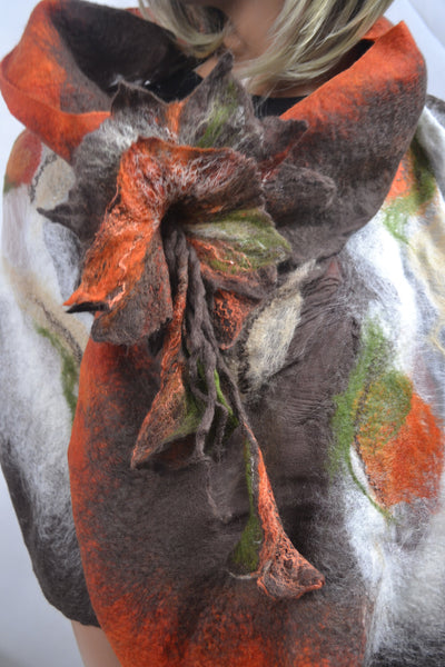 Stunning merino brooch adds new look to your dress, coat, bag - must have it! Perfect to pin shawl, scarf, Autumn colors, brown, orange