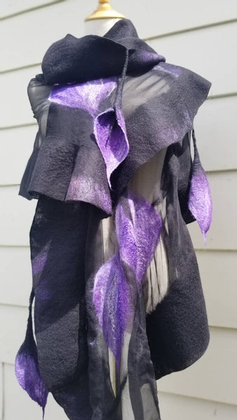 PURPLE LILIES shawl, wearable art from merino wool and silk | OMG scarf like jewellery | Unique design