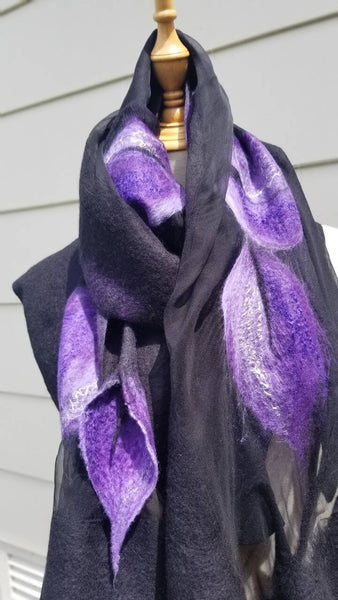 PURPLE LILIES shawl, wearable art from merino wool and silk | OMG scarf like jewellery | Unique design