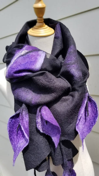 PURPLE LILIES shawl, wearable art from merino wool and silk | OMG scarf like jewellery | Unique design
