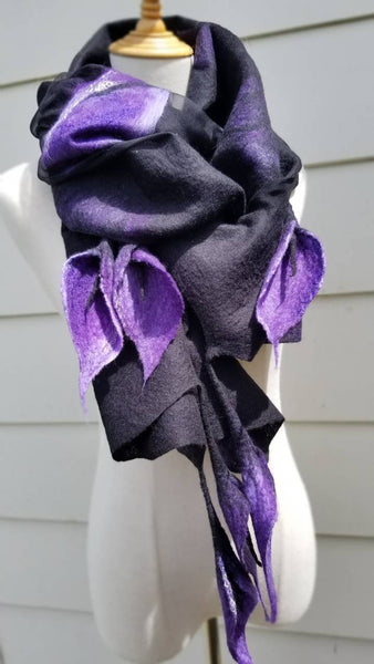 PURPLE LILIES shawl, wearable art from merino wool and silk | OMG scarf like jewellery | Unique design