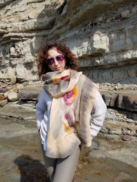 Large khaki, beige shawl | Nuno felted clothes | Unique design for dresses party, wedding or walking | silk + Australian merino wool