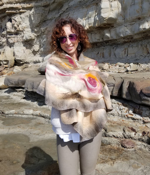 Large khaki, beige shawl | Nuno felted clothes | Unique design for dresses party, wedding or walking | silk + Australian merino wool