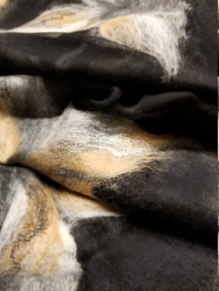 Unique scarf beige, gray and black, decorated with superfine merino wool and silk. Hand Made in New Zealand, Soft, Warm, Light all in one