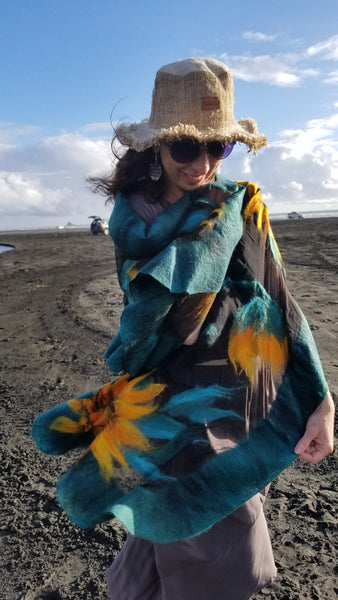 Sunflowers Nunofelting shawl The addition to the dress, coat. Fancy silk scarf for any occasion Unique design. Only one copy. Hand made silk