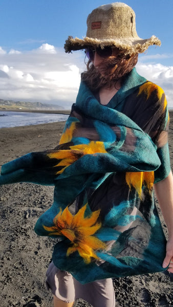 Sunflowers Nunofelting shawl The addition to the dress, coat. Fancy silk scarf for any occasion Unique design. Only one copy. Hand made silk