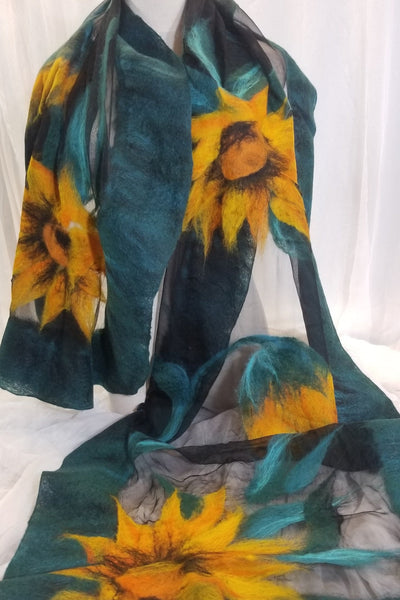 Sunflowers Nunofelting shawl The addition to the dress, coat. Fancy silk scarf for any occasion Unique design. Only one copy. Hand made silk