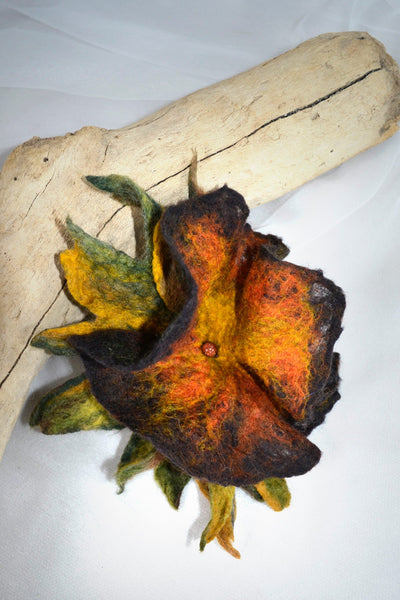 Stunning merino brooch adds new look to your dress, coat, bag - must have it! Perfect to pin shawl, scarf, Autumn colors, brown, orange