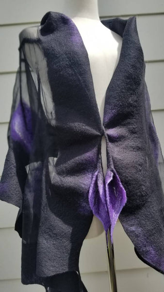 PURPLE LILIES shawl, wearable art from merino wool and silk | OMG scarf like jewellery | Unique design