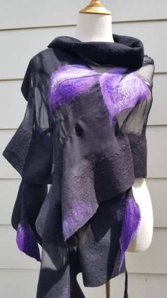 PURPLE LILIES shawl, wearable art from merino wool and silk | OMG scarf like jewellery | Unique design