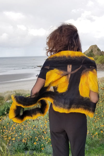Yellow Tulips Shawl, Silk & Merino Wool Scarf, unique wearable art, Nuno felted