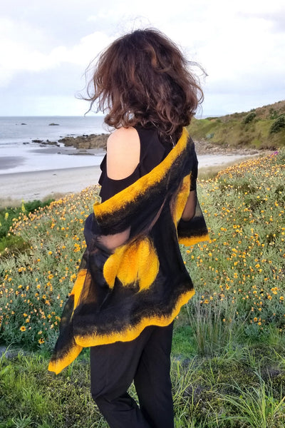 Yellow Tulips Shawl, Silk & Merino Wool Scarf, unique wearable art, Nuno felted