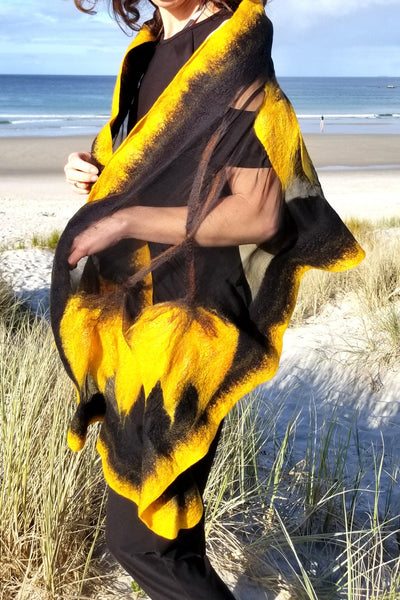 Yellow Tulips Shawl, Silk & Merino Wool Scarf, unique wearable art, Nuno felted