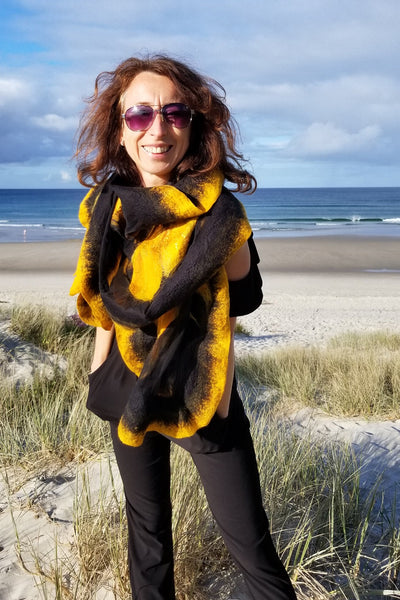 Yellow Tulips Shawl, Silk & Merino Wool Scarf, unique wearable art, Nuno felted