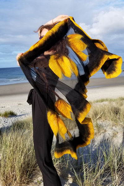 Yellow Tulips Shawl, Silk & Merino Wool Scarf, unique wearable art, Nuno felted