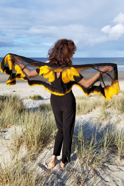 Yellow Tulips Shawl, Silk & Merino Wool Scarf, unique wearable art, Nuno felted