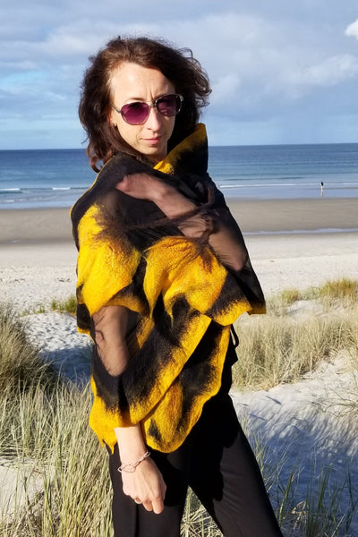 Yellow Tulips Shawl, Silk & Merino Wool Scarf, unique wearable art, Nuno felted